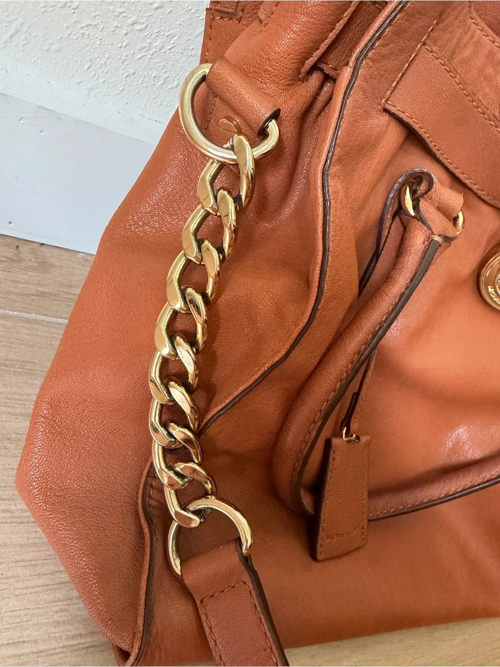 Michael Kors Cognac Leather Shoulder Tote with Gold Hardware